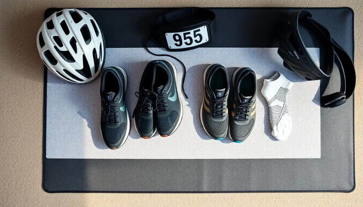 Zone de transition en triathlon avec chaussures de running disposées avec et sans chaussettes, illustrant les choix d'équipement selon la distance de course