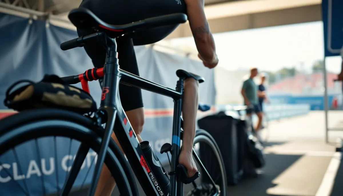 Zone de transition d'un triathlon professionnel montrant l'équipement et les préparatifs des athlètes