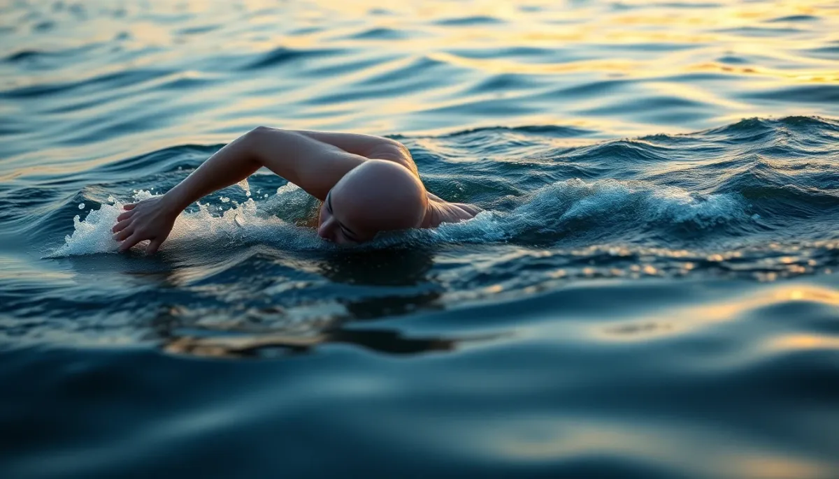Nageur portant une combinaison de triathlon effectuant un crawl en eau libre avec amplitude de mouvement optimale