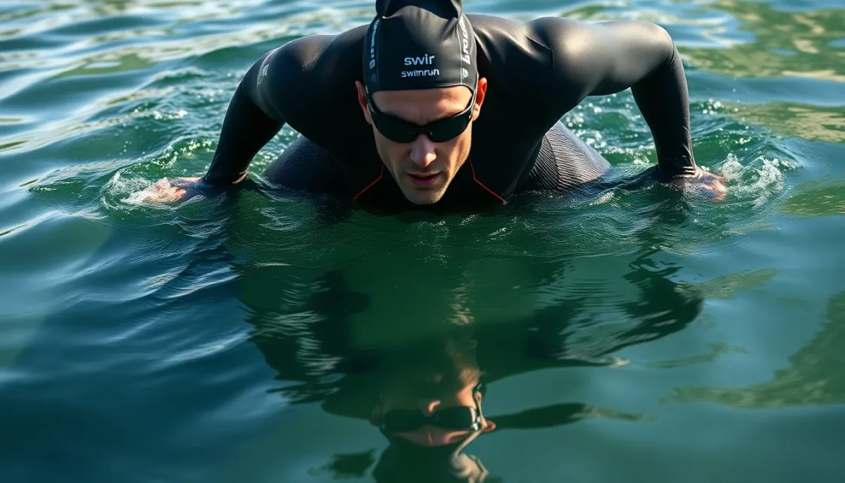 Nageur en combinaison de swimrun montrant la flottaison et la position horizontale en eau