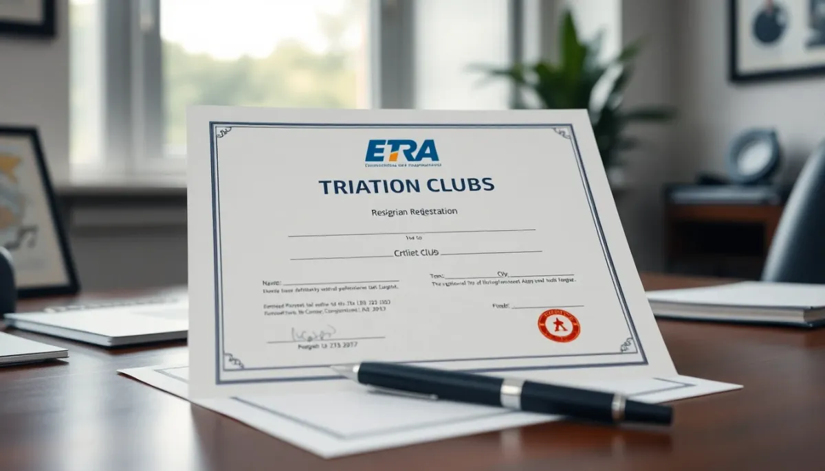 Document d'affiliation officielle à la fédération de triathlon sur un bureau professionnel
