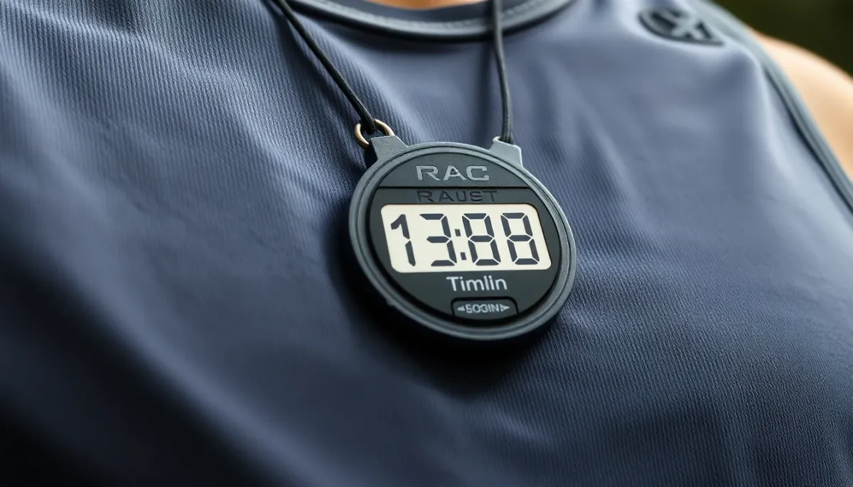 Dossard de compétition et puce de chronométrage attachés à un vêtement de sport