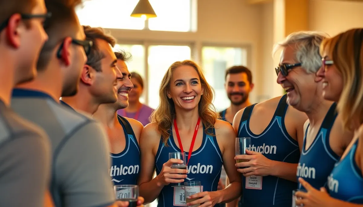 Membres d'un club de triathlon partageant un moment convivial et créant des liens d'amitié