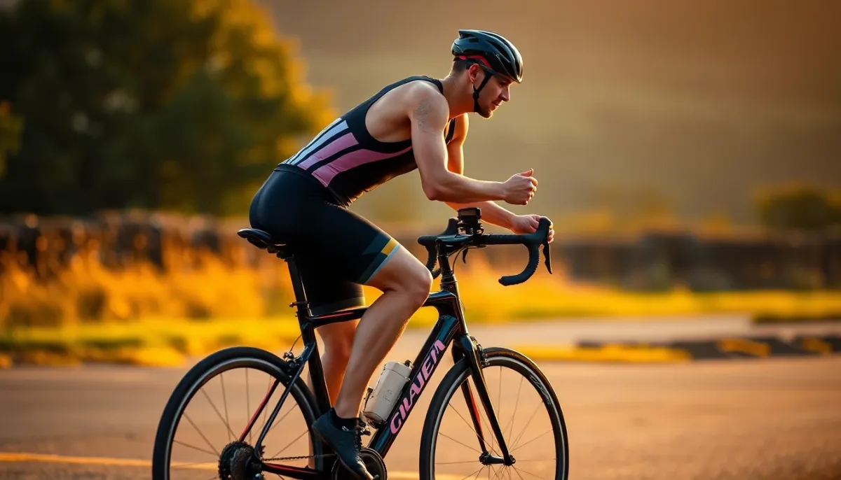 Cycliste en position aérodynamique sur un vélo de triathlon pendant un entraînement en extérieur, éclairage naturel doré