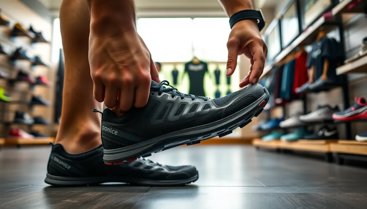 Essayage d'une chaussure de triathlon montrant l'ajustement et la fermeture micro-ajustable