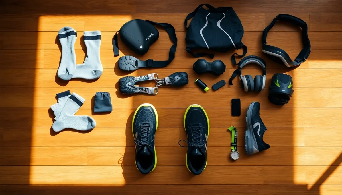 Préparation d'équipement de triathlon avec chaussures et accessoires d'entraînement organisés