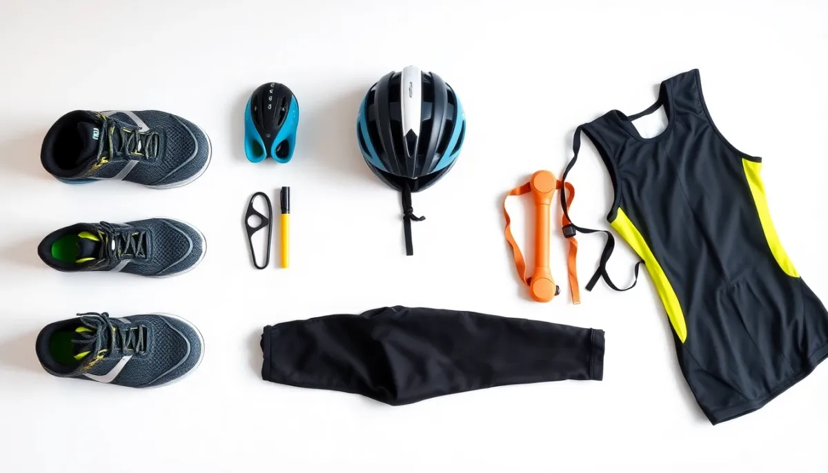 Zone de transition triathlon avec équipement organisé : chaussures, casque et combinaison