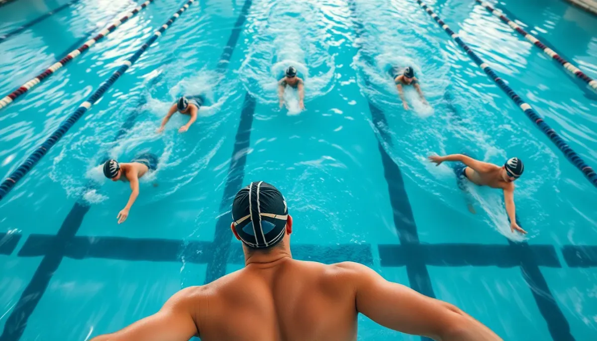 Séance d'entraînement en piscine avec triathlètes pratiquant le crawl en couloirs