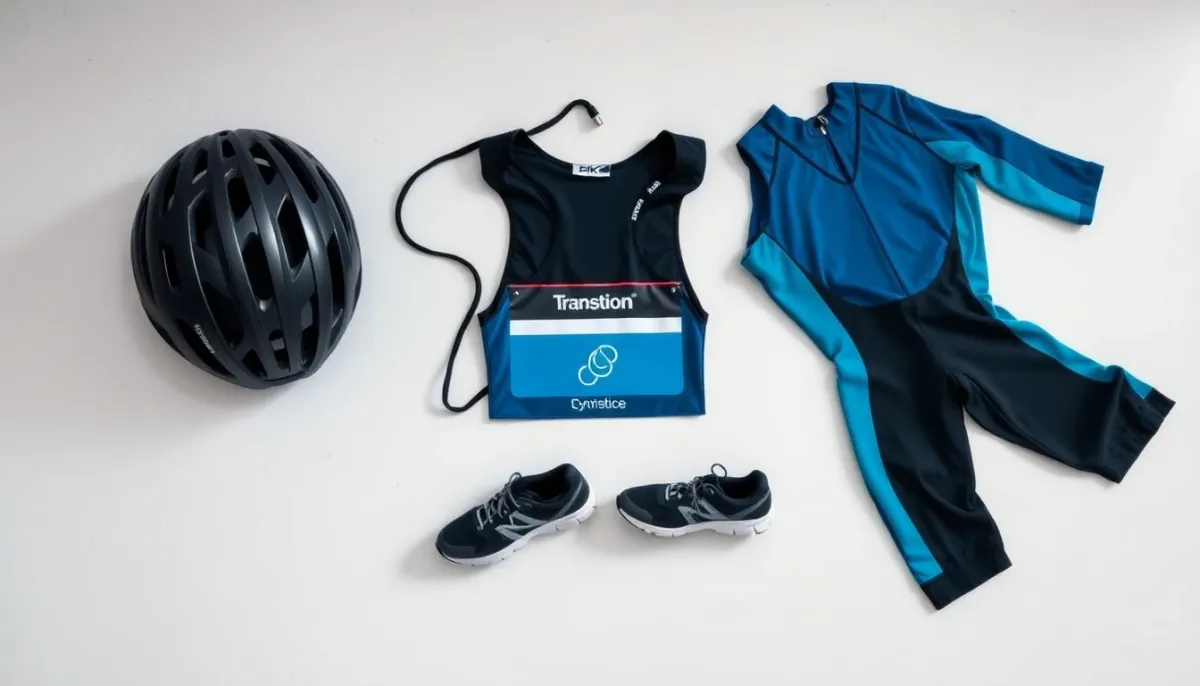 Zone de transition triathlon avec équipement sportif arrangé de manière organisée
