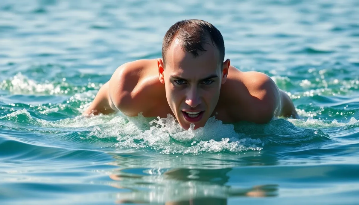 Triathlète débutant en train de nager dans l'eau libre lors d'une compétition