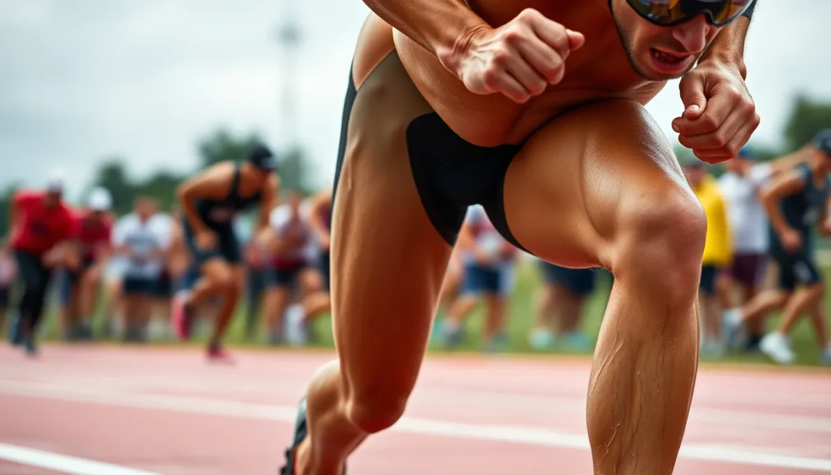 Athlète en plein effort lors d'une course de triathlon Sprint, montrant l'intensité physique requise