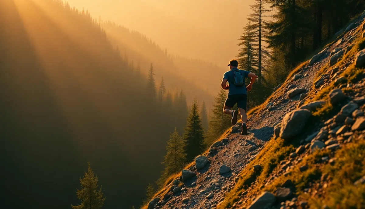 Coureur de trail montant une pente escarpée en montagne avec forêt en arrière-plan