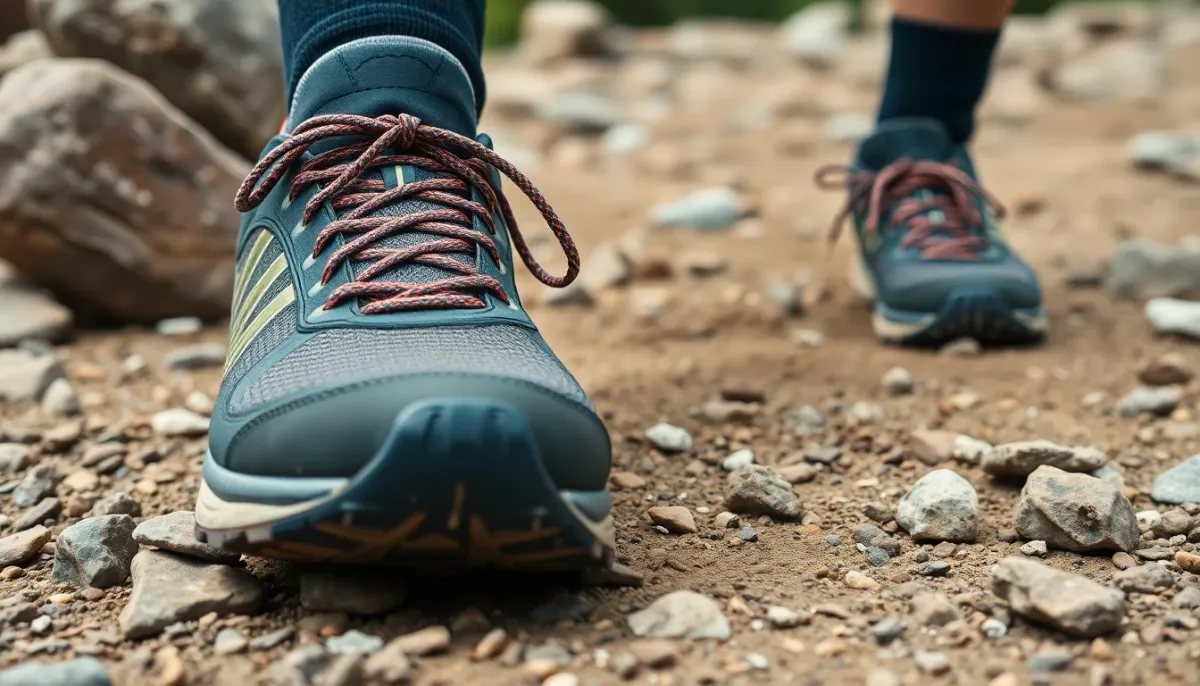 Gros plan de chaussures de trail sur terrain rocheux et accidenté avec boue