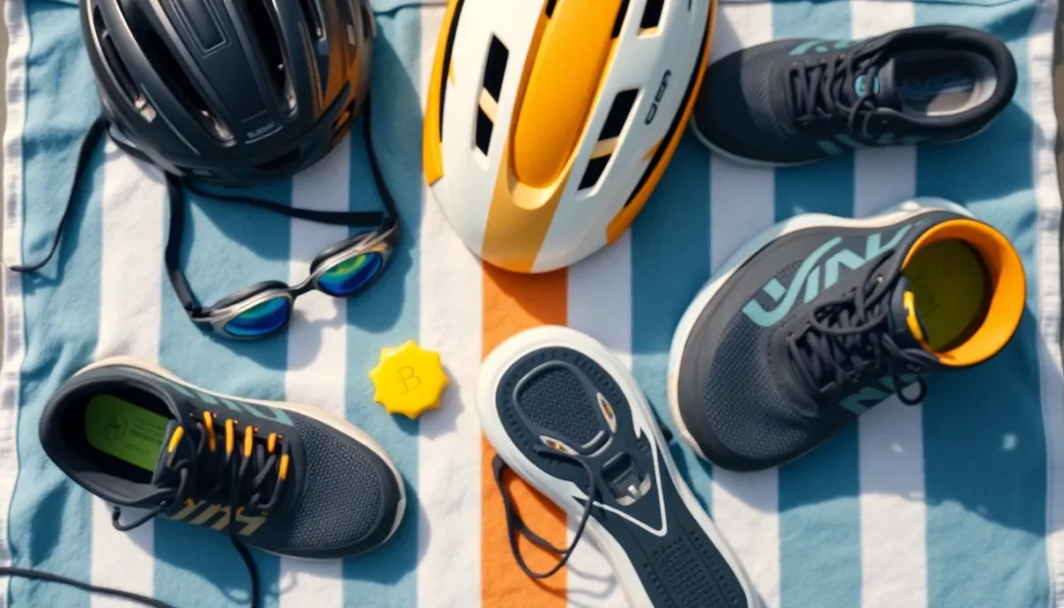 Équipement de triathlon disposé dans une zone de transition avec lunettes de natation, casque de vélo et chaussures de course