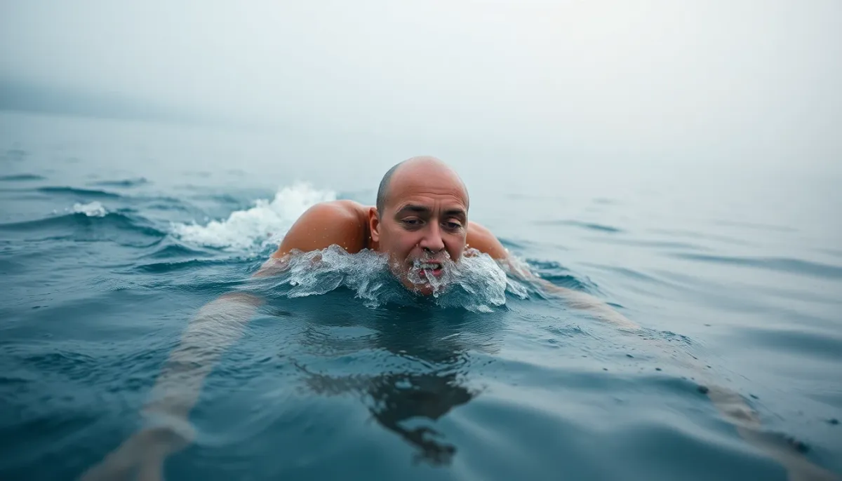Triathlète en entraînement dans l'eau froide effectuant un mouvement de nage en conditions réelles