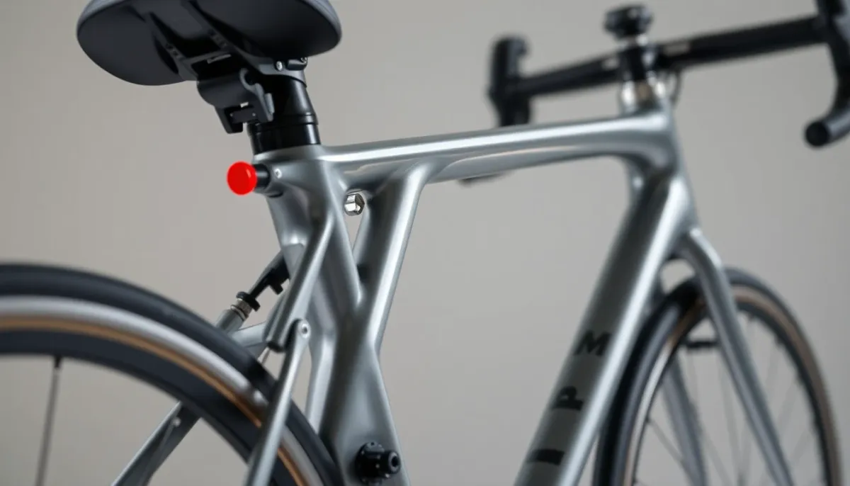Gros plan sur la géométrie du cadre d'un vélo de triathlon montrant l'angle du tube de selle et la position avancée de la selle